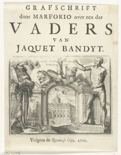 Titelblad voor het pamflet: Grafschrift door Marforio over een der Vaders van Jaquet Bandyt, 1701