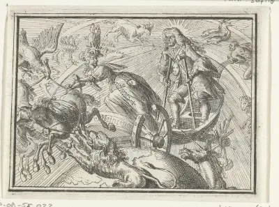 Titelblad voor het pamflet: Ptolomeus, Copernicus, en Merkuur op de Parnas over de Zon en de Waereld, 1701