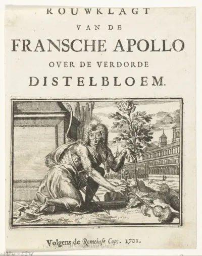 Titelblad voor het pamflet: Rouwklagt van de Fransche Apollo over de Verdorde Distelbloem, 1701