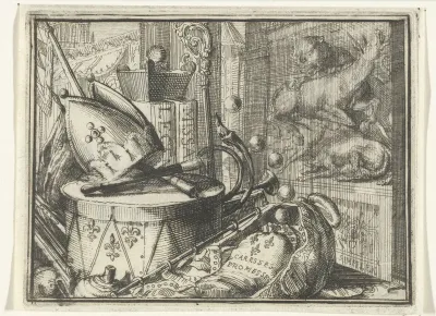 Titelblad voor het pamflet: Saamenspraak tusschen het Valies, de Myter, en het Bonnet, 1701