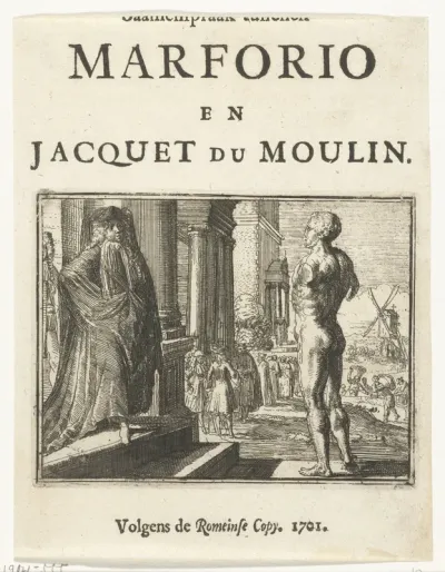 Titelblad voor het pamflet: Saamenspraak tusschen Marforio en Jacquet du Moulin, 1701
