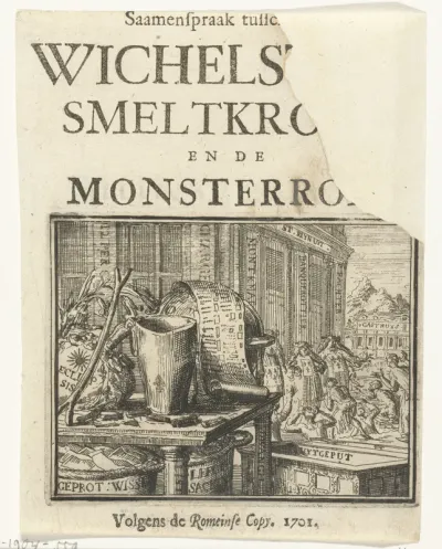 Titelblad voor het pamflet: Saamenspraak tusschen Wichelstok, Smeltkroes en de Monsterrol, 1701