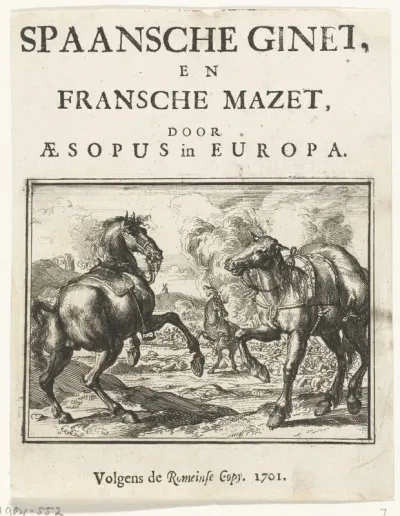 Titelblad voor het pamflet: Twist tusschen de Spaansche Ginet en Fransche Mazet door Aesopus in Europa, 1701