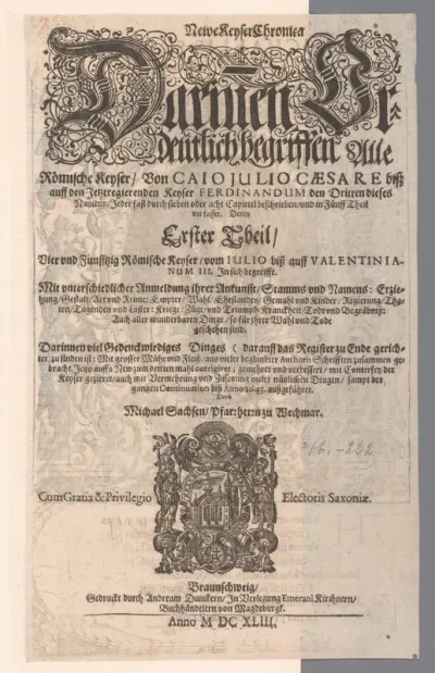 Titelblad voor Michael Sachse, Newe Keysers Chronica, 1643