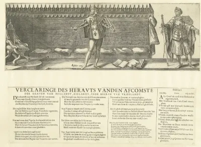 Titelblad voor prentserie De graven en gravinnen van Holland (met een heraut en graaf Dirk I)