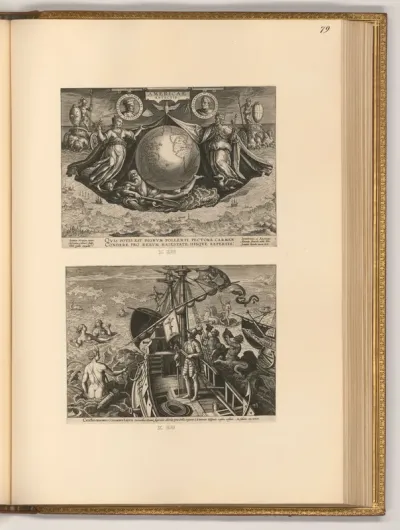 Titelblatt, Americae Retectio, Christopher Columbus auf seinem Schiff (Allegorie)