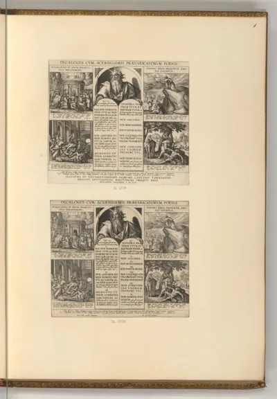 Titelblatt, Decalogus Cum Acerbissimis Praevaricatorum Poenis, Moses mit den Gesetzestafeln, Die Zehn Gebote