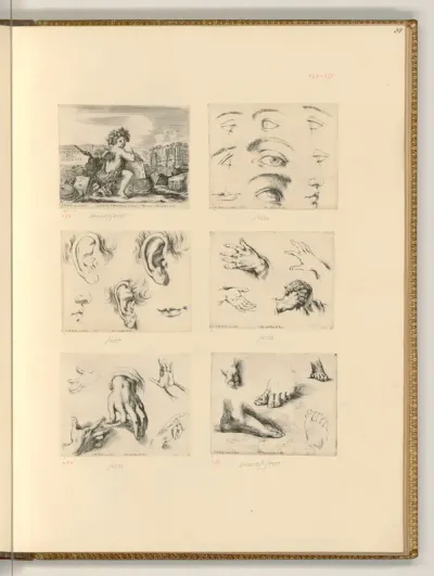 Titelblatt, I  Principii del disegno, Studien von Augen, Ohren, Händen und Füßen