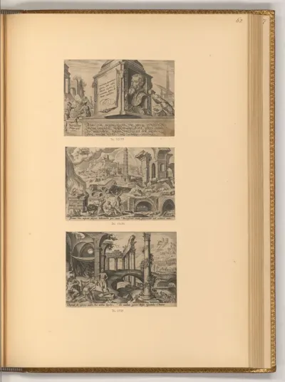 Titelblatt mit Porträt Maarten van Heemskerck; Noahs Opfer; Verspottung Noahs