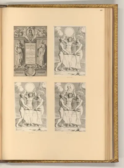 Titelblatt zu "Sylvae Regiae"; Drei Grazien zeigen das Medaillon des Balthasar de Vias im Titelblatt zu  "Charitum libri tres"