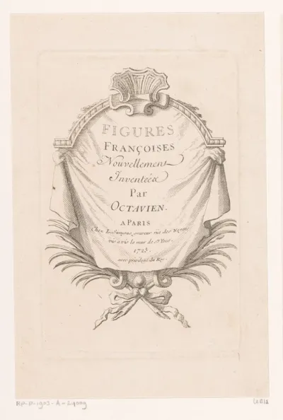 Titelcartouche met draperie, gedecoreerd met palmtakken