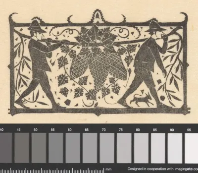 Titelhoofd met mannen die druiventrossen dragen