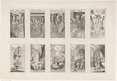 Titelpagina en boekillustraties voor een boek over de Rooms-Katholieke leer