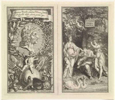 Titelpagina met het portret van Ovidius op een medaillon / Ovidius vergezeld door twee muzen