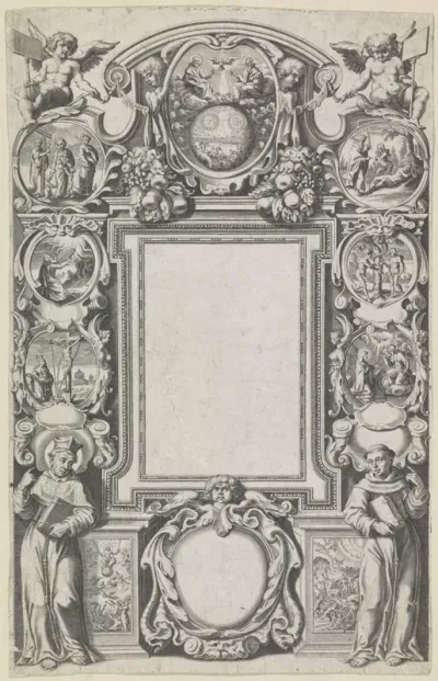 Titelpagina met twee geestelijken en bijbelse voorstellingen