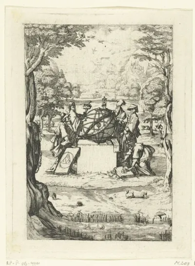 Titelpagina met wijzen om een hemelglobe