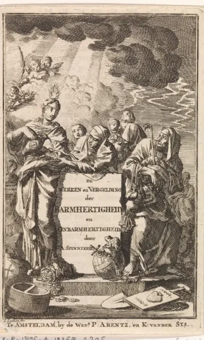 Titelpagina van Adriaan Spinniker 'De Werken en Vergelding Der Barmhertigheid En Ombarmhertigheid' 1711