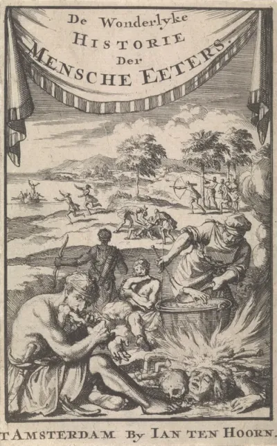 Titelpagina voor: A. Magyrus, De wonderlĳke historie der mensche-eeters, 1696