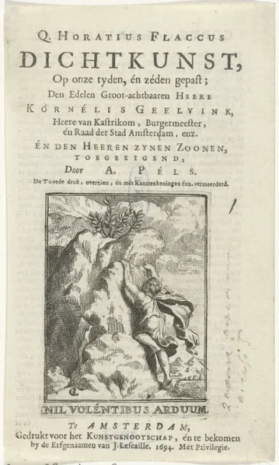 Titelpagina voor: A. Pels, Q. Horatius Flaccus, Dichtkunst, op onze tijden en zeden gepast, 1694