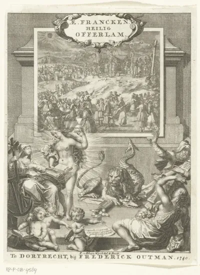 Titelpagina voor: Aegidius Francken, Het heilig offerlam geslacht voor de uitverkoorenen, of De geschiedenisse van het lyden des heilands Jesus, uit de overeenstemminge der vier euangelisten verklaart, Dordrecht 1740