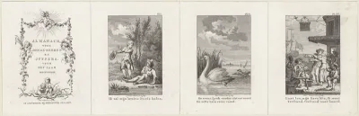 Titelpagina voor: Almanach, voor jonge heeren en juffers, 1789 / Mannen bij een beek / Zwaan / Afscheid in de haven