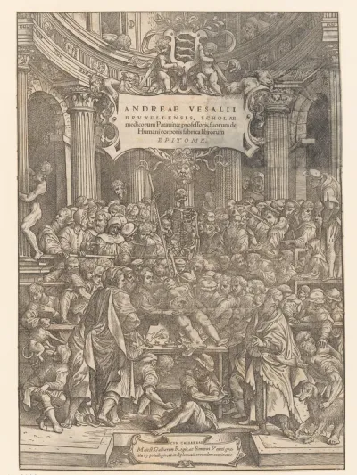 Titelpagina voor: Andreas Vesalius, Suorum de humani corporis fabrica librorum epitome, 1543