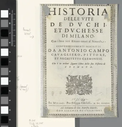 Titelpagina voor: Antonio Campo, Historia delle vite de duchi et duchesse di Milan (...), Milaan 1642