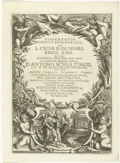 Titelpagina voor: Antonius Schultingius, Dissertatio juridica inauguralis ad L CXCVII D de divers regul juris quam annuente deo ter opt. max, Leiden 1729