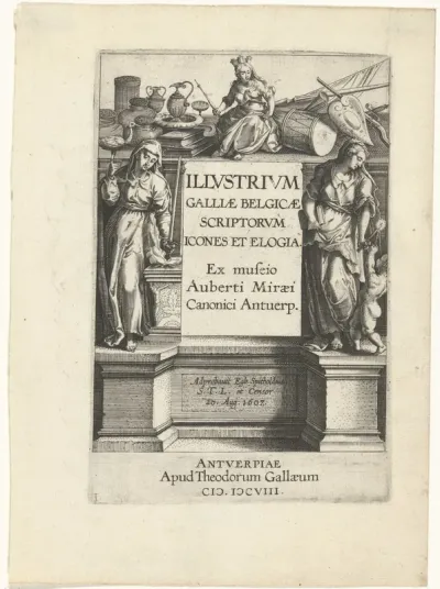 Titelpagina voor Aubert Le Mire, Illustrium Galliae Belgicae Scrioptorum Icones, 1608