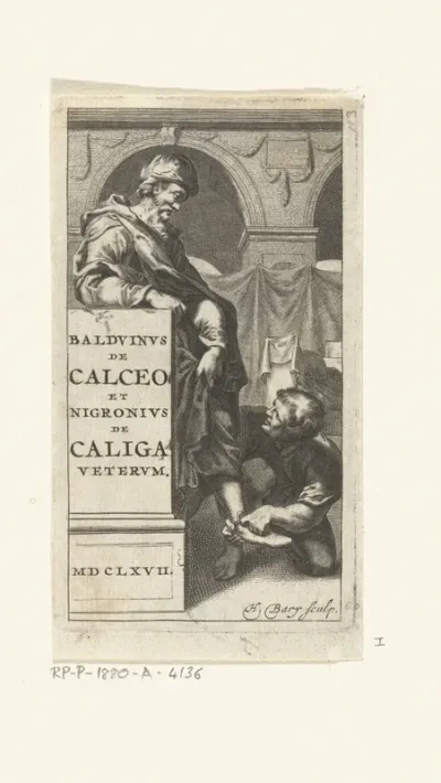 Titelpagina voor: B. Balduinus, Calceus antiquus et mysticus; J. Nigronus, De caliga veterum. Amsterdam, 1667