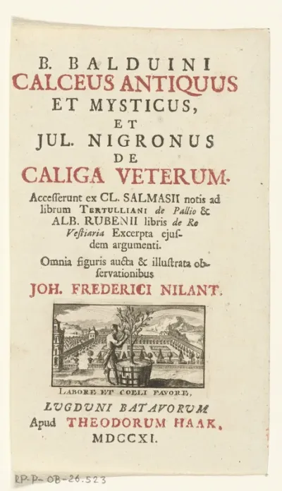 Titelpagina voor: B. Balduinus, Calceus antiquus et mysticus; J. Nigronus, De caliga veterum. Leiden, 1711