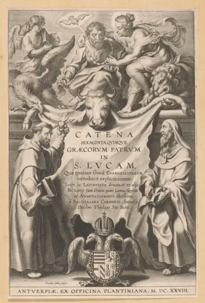 Titelpagina voor: B. Cordier, Catena sexaginta quinque graecorum patrum in S. Lucam, Antwerpen: 1628