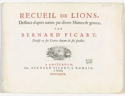 Titelpagina voor: B. Picart, Recueil de lions, 1729
