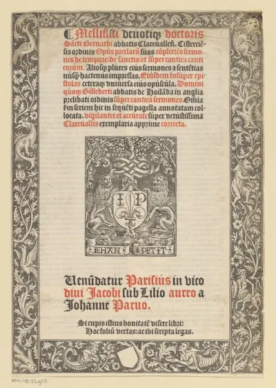 Titelpagina voor: Bernard van Saint Clairvaux, Melliflui devotique doctoris Sancti Bernardi abbatis Clarevallen Cisterciensis ordinis (...), 1513