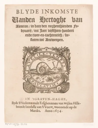 Titelpagina voor: Blyde inkomste vanden hertoghe van Alencon, in date den neghenthienden februarij, int iaer vĳfthien-hondert ende twee-en-tachtentich, besloten tot Antwerpen, 1634