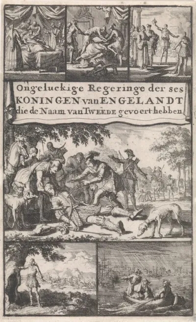 Titelpagina voor: C. Caesar, Vertoog van de ongelukkige regeringe en het rampzalig leven der zes Engelsche koningen die voorheen den naam van de Tweede gevoert hebben, 1696