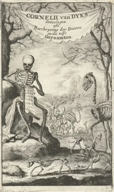 Titelpagina voor: C. van Dyk, Osteologia, of nauwkeurige geraamt beschryving van verscheyde dieren, nevens hare historien, 1680