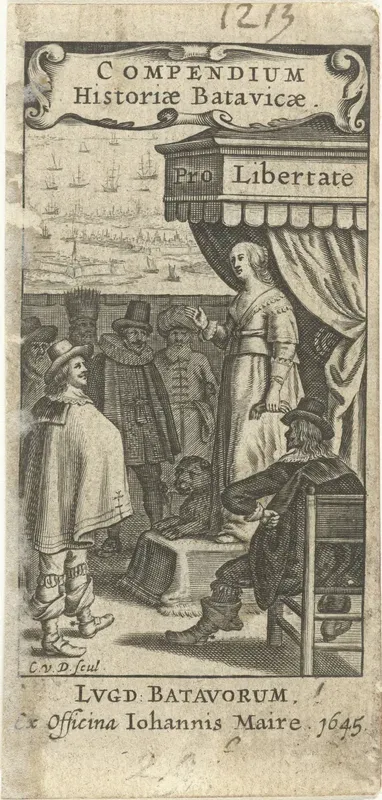 Titelpagina voor: Compendium historiæ Batavicæ, a Julio Cæsare usque ad hæc tempora, Leiden 1645