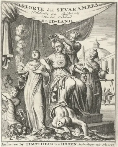 Titelpagina voor: D. Vairasse, Historie der Sevarambes, volkeren die een gedeelte van het darde vast-land bewoonen, gemeenlijk Zuid-land genaamd, 1683