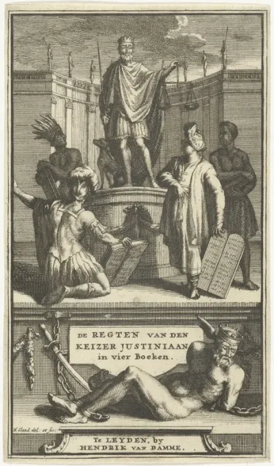Titelpagina voor De regten van den keizer Justiniaan, Leiden, 1705
