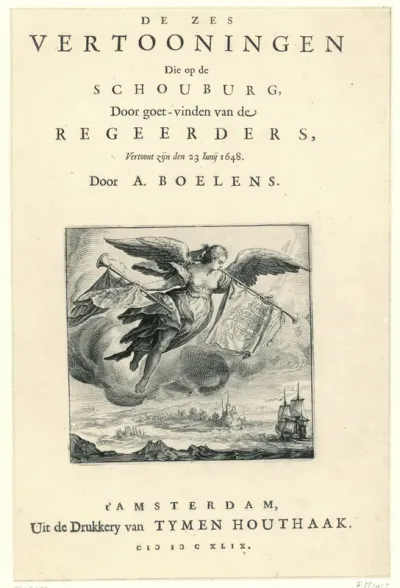 Titelpagina voor: De zes vertooningen die op de schouburg (...) vertoont zijn den 23 iunij 1648