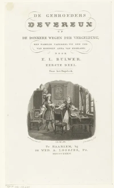 Titelpagina voor: E.L. Bulwer, De gebroeders Devereux of de donkere wegen der vergelding; een familie tafereel uit den tijd van Koningin Anna van Engeland, Haarlem 1835