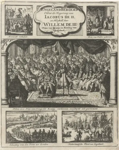 Titelpagina voor: Engeland beroerd onder de regeering van koning Jacobus de II. En hersteld door Willem en Maria, prins en princesse van Orangie, 1689