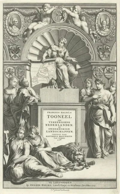 Titelpagina voor François Halma en Matthaeus Brouërius van Nidek , Tooneel der Vereenighde Nederlanden en onderhorige landschappen, 1725
