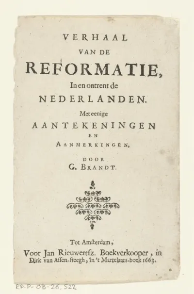 Titelpagina voor: G. Brandt, Verhaal van de reformatie, in en ontrent de Nederlanden, Amsterdam, 1663
