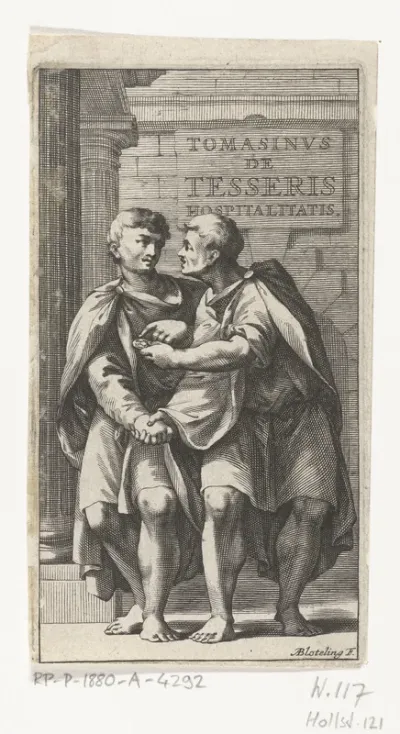 Titelpagina voor G.F. Tomasinus, De tesseris hospitalitatis liber singularis, in quo jus hospitii universum, apud veteres potissimum, expenditur. Amsterdam, 1670
