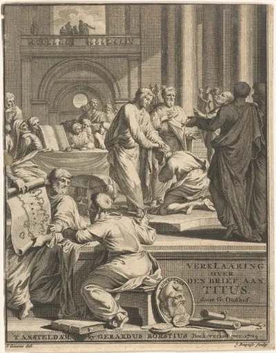 Titelpagina voor G. Oudhof, De brief van den apostel Paulus geschreeven aan Titus verklaard, Amsterdam 1704
