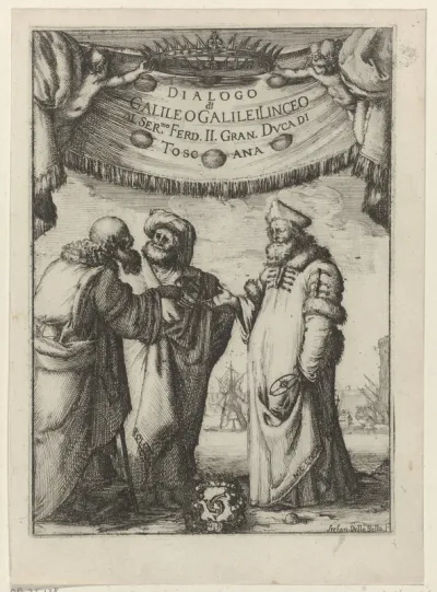Titelpagina voor: Galileo Galilei, Dialogo. Dove ne i congressi di quattro giornate si discorre sopra i due massimi sistemi del mondo Tolemaico, e Copernicano, 1632.