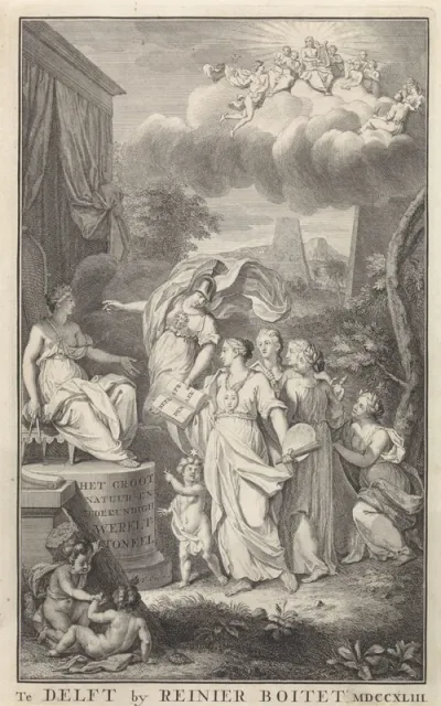 Titelpagina voor: Het Groot Natuur- en Zedekundigh Wereldtoneel, Delft, R. Boitet, 1743