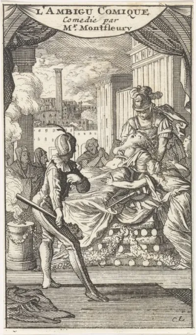Titelpagina voor het toneelstuk 'L'Ambigu Comique' van A.J. Montfleury, 1698